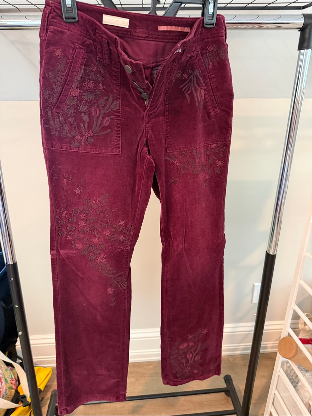Anthropologie Burgundy Embroidered Corduroy Pants